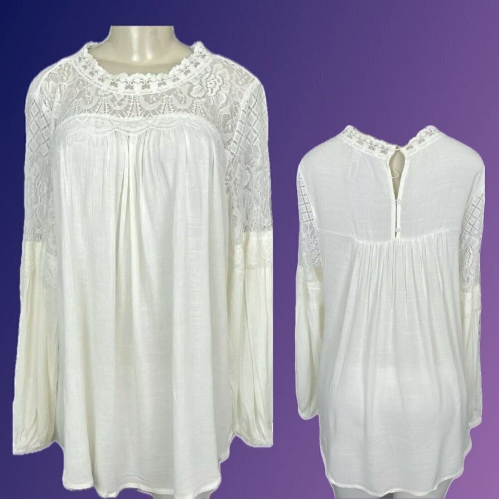American Rag Cie + 1X Sheer Eggshell Lace Yoke High Neckline Long Sleeve Blouse